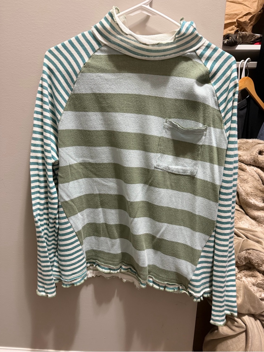 Free People Striped Mock Neck Long Sleeve Top in Sage and Light Blue